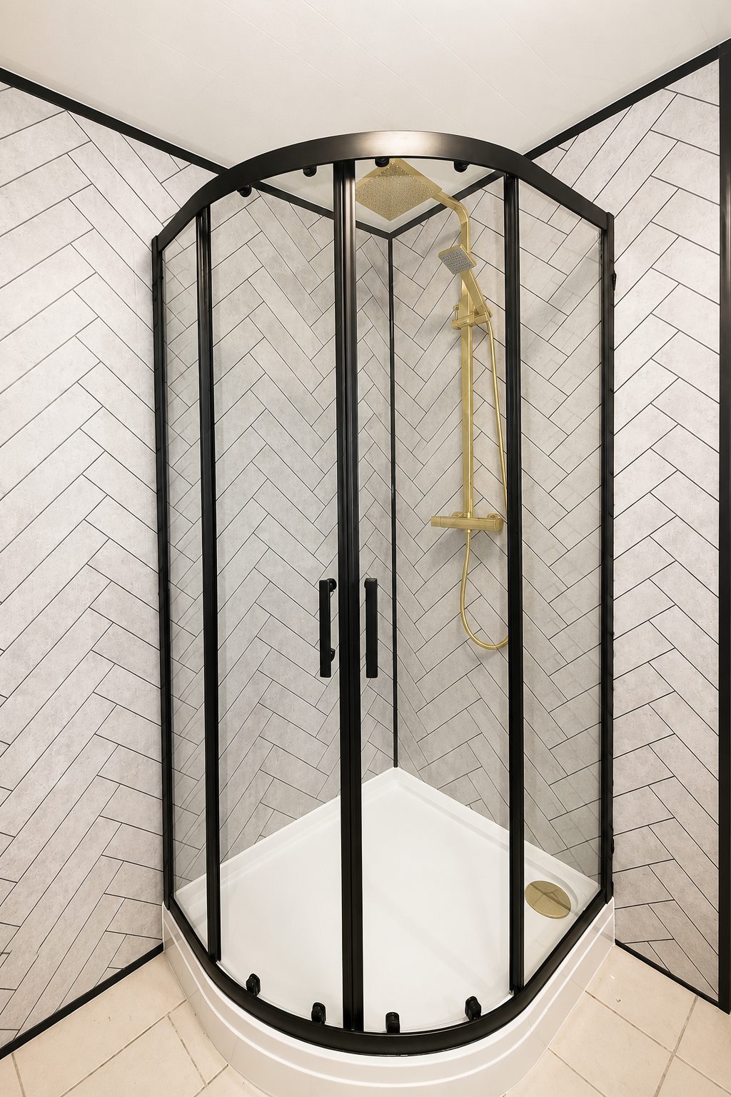 Curved shower enclosure after bathroom plumbing work